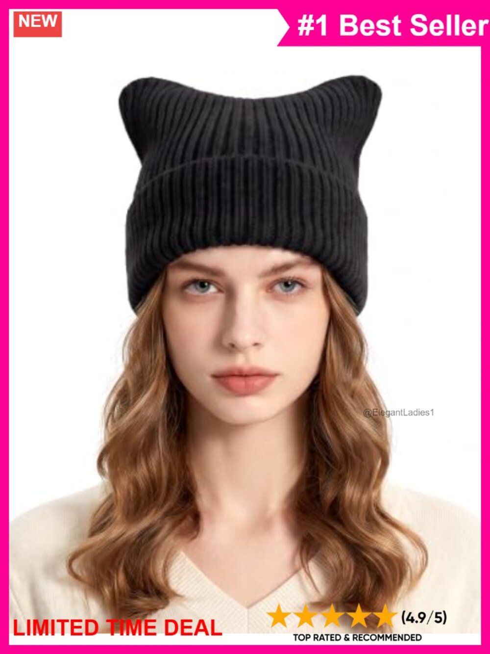 Women Cat Ears Beanie Cuffed Knit Hat Acrylic Winter Warm Crochet Cap